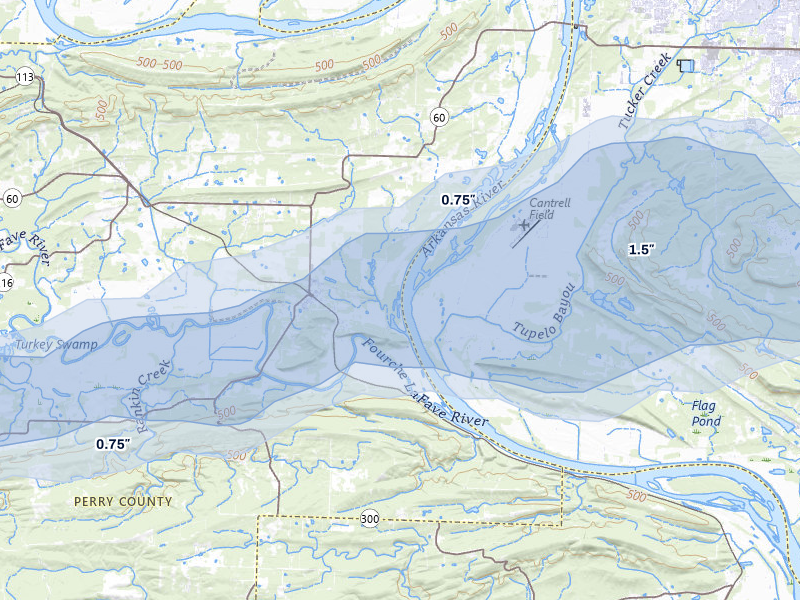 NEXRAD radar-signature map of the hail over Bigelow, AR