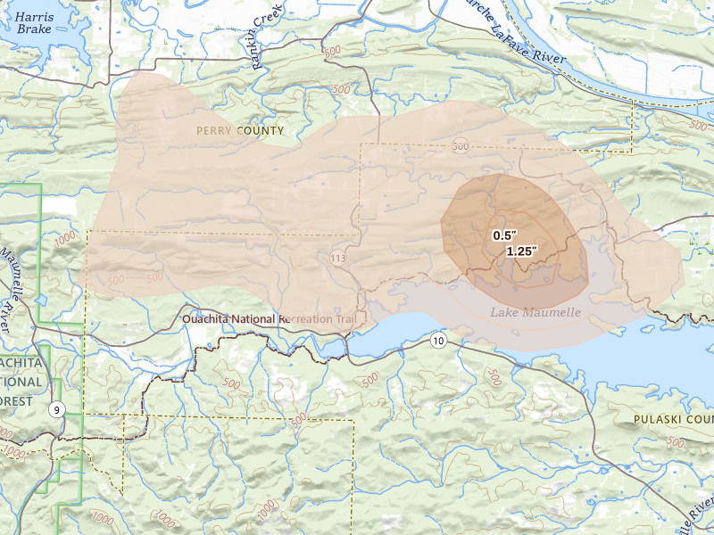 Radar-estimated hail-size map of the storm over Bigelow, AR on Aug 22, 2026