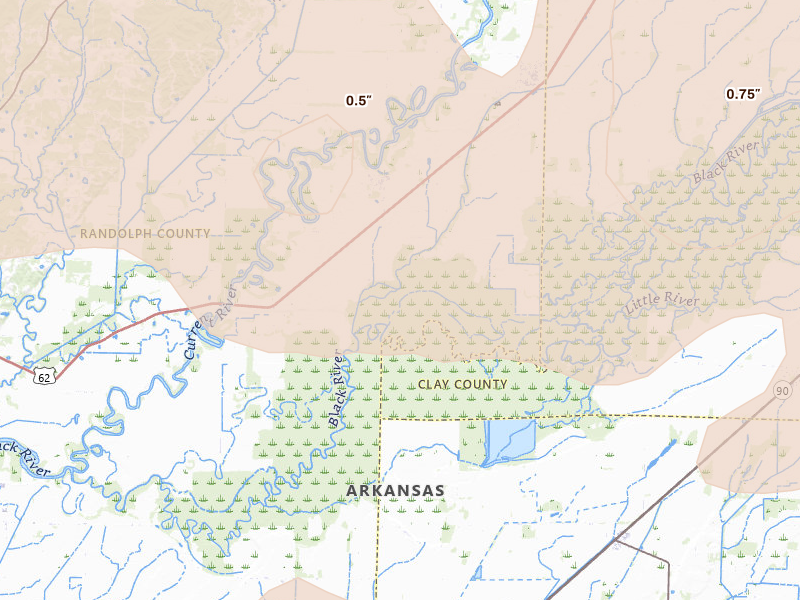 Radar-estimated hail-size map of the storm over Biggers, AR on Apr 27, 2026