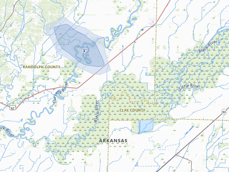 NEXRAD radar-signature map of the hail storm over Biggers, AR on Jul 31, 2026