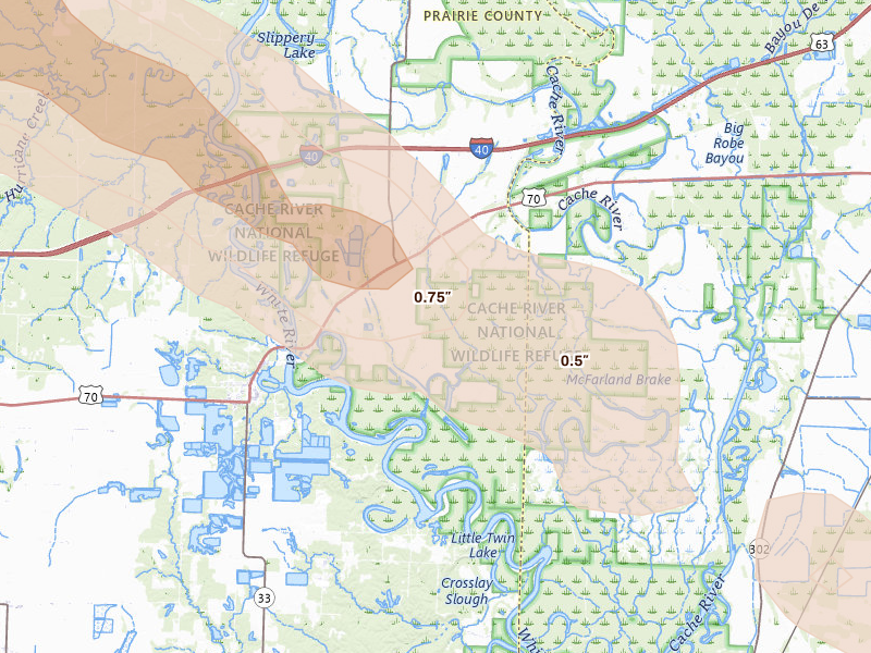 Radar-estimated hail-size map of the storm over Biscoe, AR on Feb 26, 2026