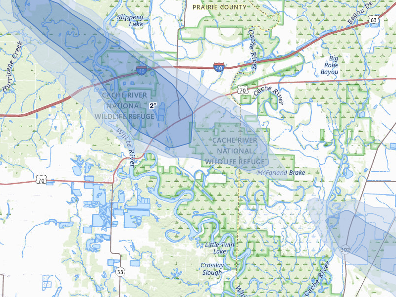 NEXRAD radar-signature map of the hail over Biscoe, AR