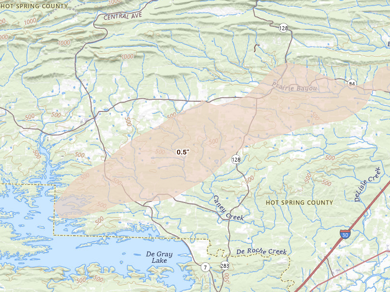Radar-estimated hail-size map of the storm over Bismarck, AR on Apr 28, 2026