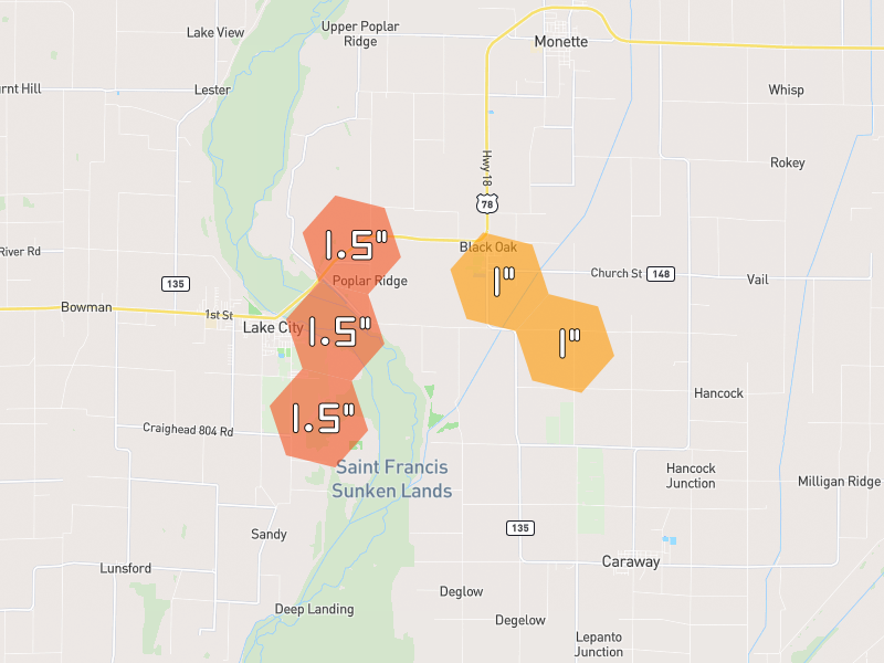 Hail map of Black Oak, AR on Jul 11, 2026, hail up to 1.5"
