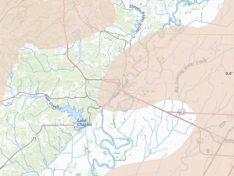 Radar-estimated hail-size map of the storm over Black Rock, AR on Apr 27, 2026