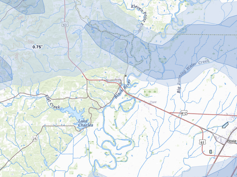 NEXRAD radar-signature map of the hail over Black Rock, AR