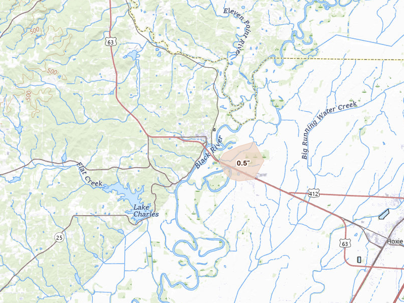 Radar-estimated hail-size map of the storm over Black Rock, AR on May 29, 2026
