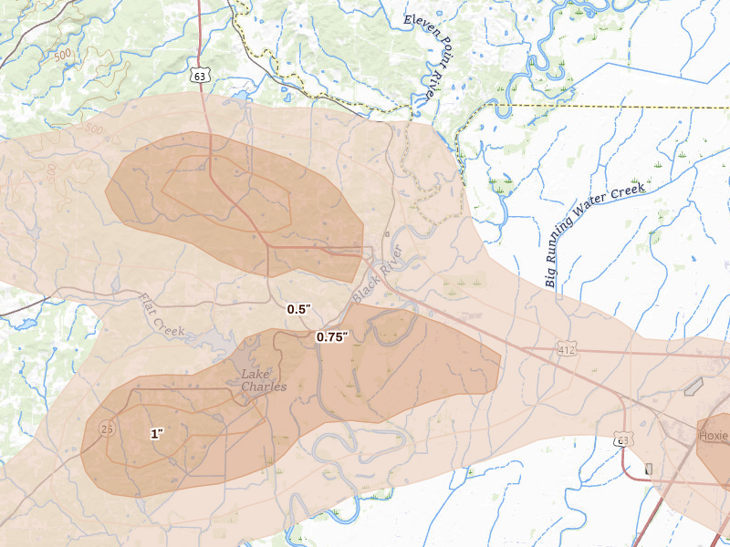 Radar-estimated hail-size map of the storm over Black Rock, AR on Jul 11, 2026