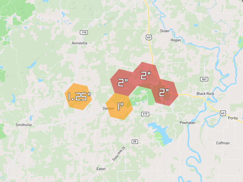 Hail map of Black Rock, AR on Jul 11, 2026, hail up to 2"