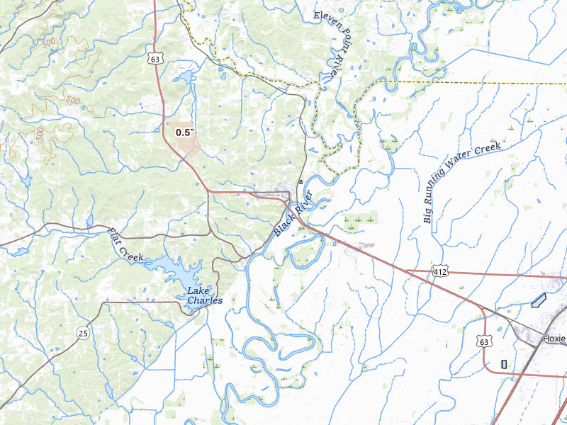 Radar-estimated hail-size map of the storm over Black Rock, AR on Jul 21, 2026