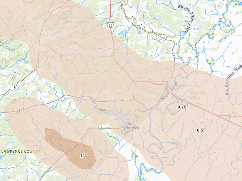 Radar-estimated hail-size map of the storm over Black Rock, AR on Aug 22, 2026