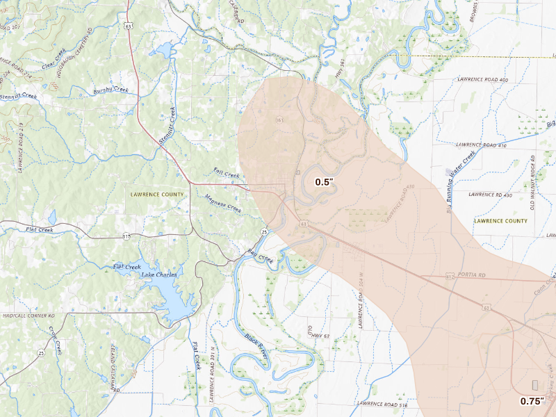 Radar-estimated hail-size map of the storm over Black Rock, AR