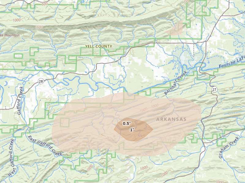 Radar-estimated hail-size map of the storm over Bluffton, AR on May 30, 2026