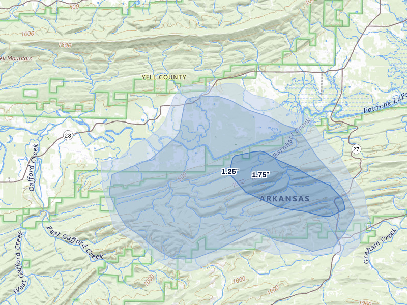 NEXRAD radar-signature map of the hail storm over Bluffton, AR on May 30, 2026