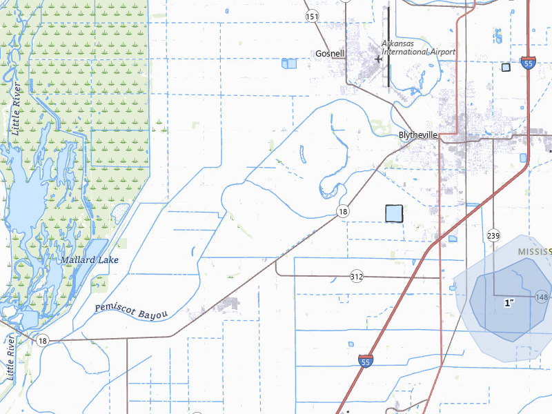 NEXRAD radar-signature map of the hail storm over Blytheville, AR on Apr 28, 2026