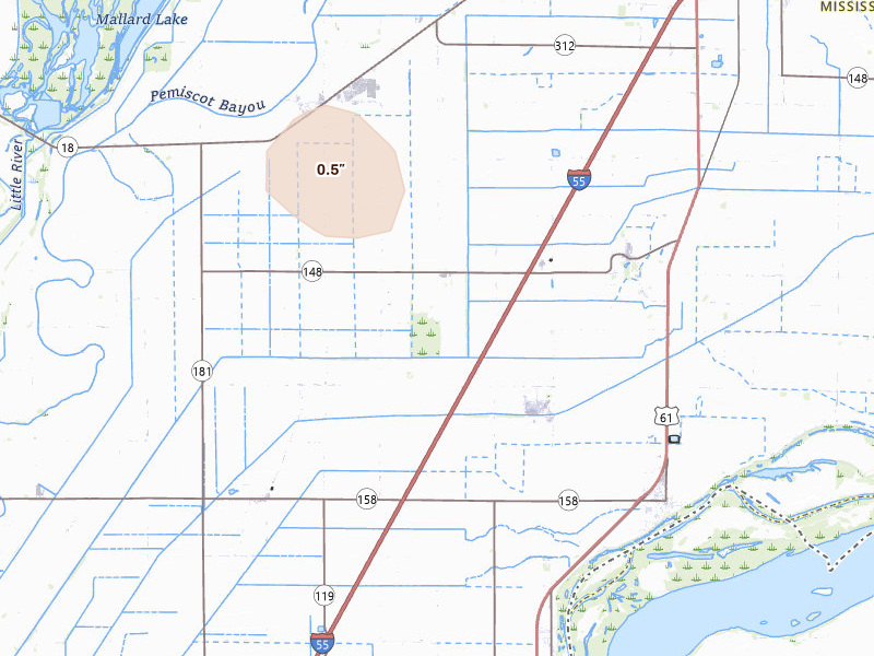 Radar-estimated hail-size map of the storm over Blytheville, AR on Aug 22, 2026