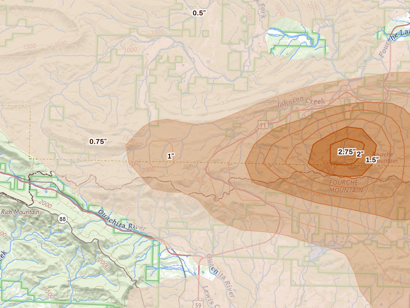 Radar-estimated hail-size map of the storm over Boles, AR on Apr 25, 2026