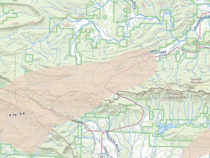 Radar-estimated hail-size map of the storm over Boles, AR on Apr 28, 2026