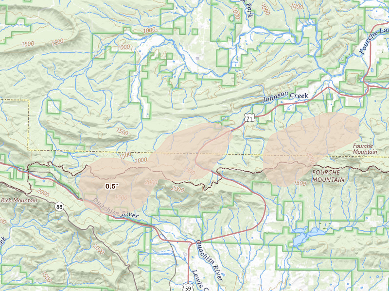 Radar-estimated hail-size map of the storm over Boles, AR on May 5, 2026