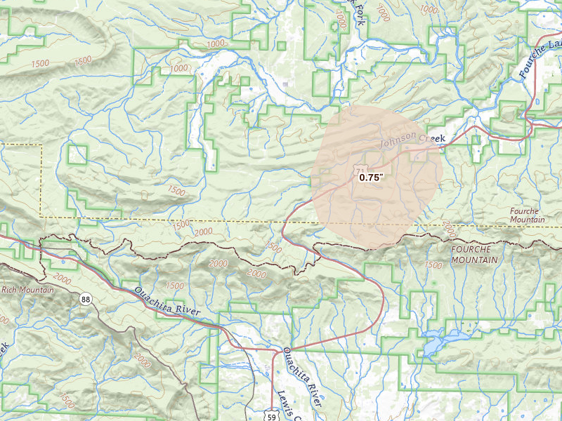 Radar-estimated hail-size map of the storm over Boles, AR on Jun 1, 2026