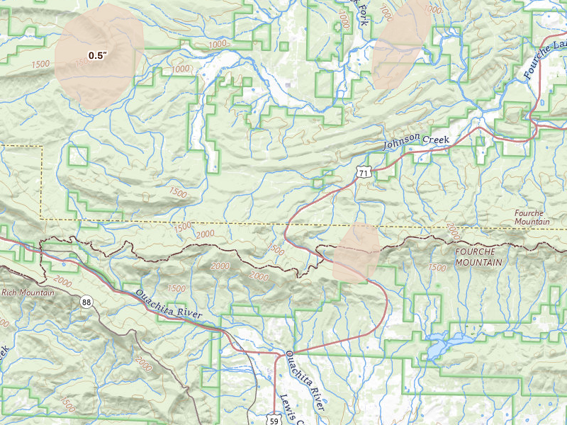 Radar-estimated hail-size map of the storm over Boles, AR on Jul 4, 2026