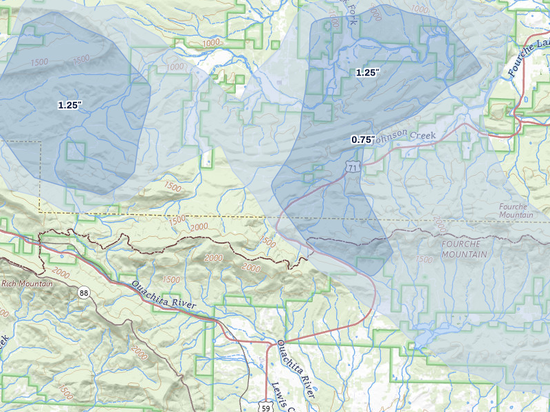 NEXRAD radar-signature map of the hail over Boles, AR