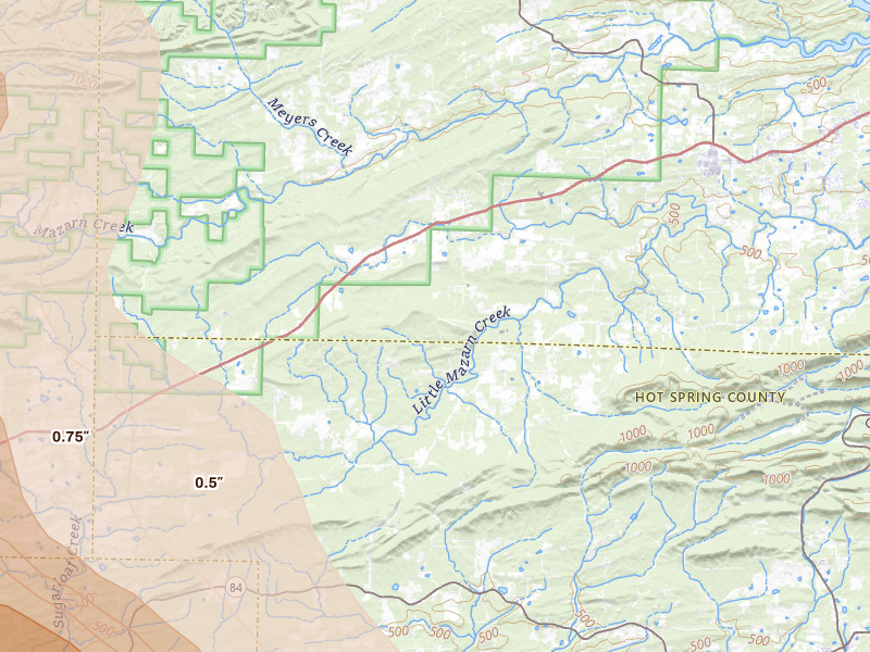 Radar-estimated hail-size map of the storm over Bonnerdale, AR on Apr 25, 2026