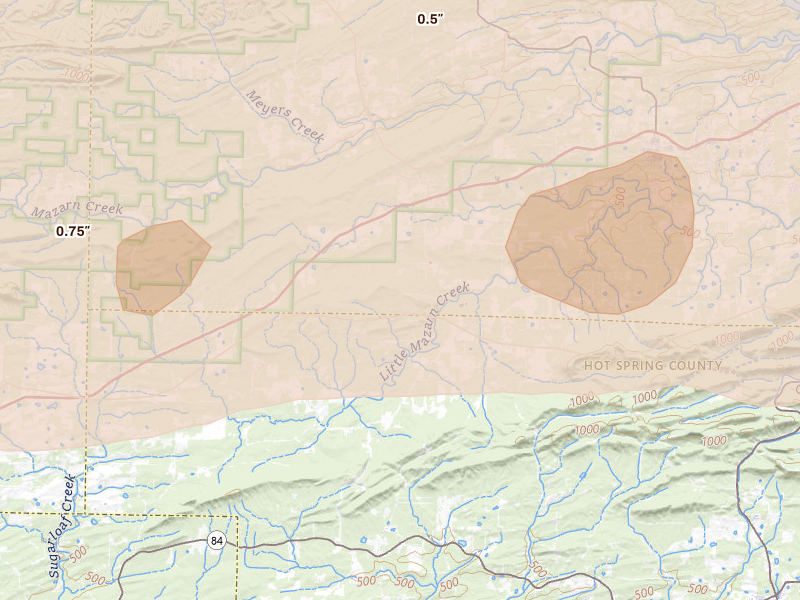 Radar-estimated hail-size map of the storm over Bonnerdale, AR on May 5, 2026