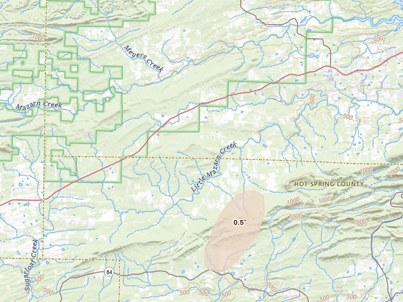 Radar-estimated hail-size map of the storm over Bonnerdale, AR on Jun 7, 2026