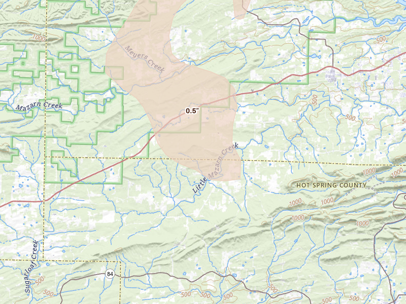 Radar-estimated hail-size map of the storm over Bonnerdale, AR on Jul 4, 2026