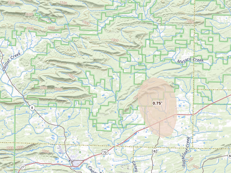 Radar-estimated hail-size map of the storm over Bonnerdale, AR on Aug 20, 2026