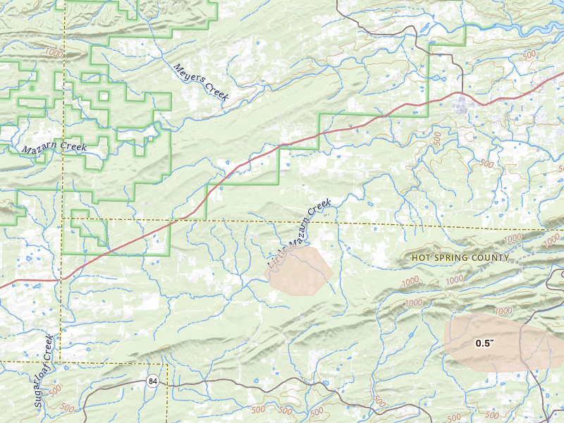 Radar-estimated hail-size map of the storm over Bonnerdale, AR on Aug 22, 2026