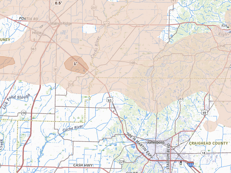 Radar-estimated hail-size map of the storm over Bono, AR on Apr 27, 2026