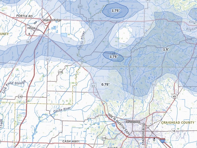 NEXRAD radar-signature map of the hail over Bono, AR