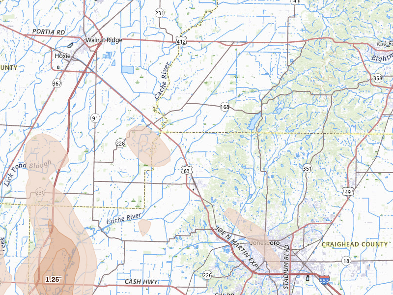 Radar-estimated hail-size map of the storm over Bono, AR on Jun 1, 2026