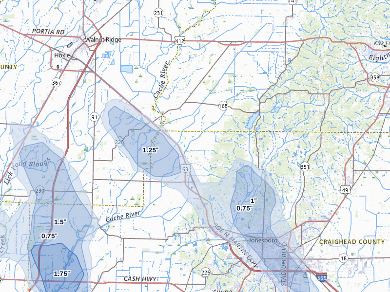 NEXRAD radar-signature map of the hail over Bono, AR