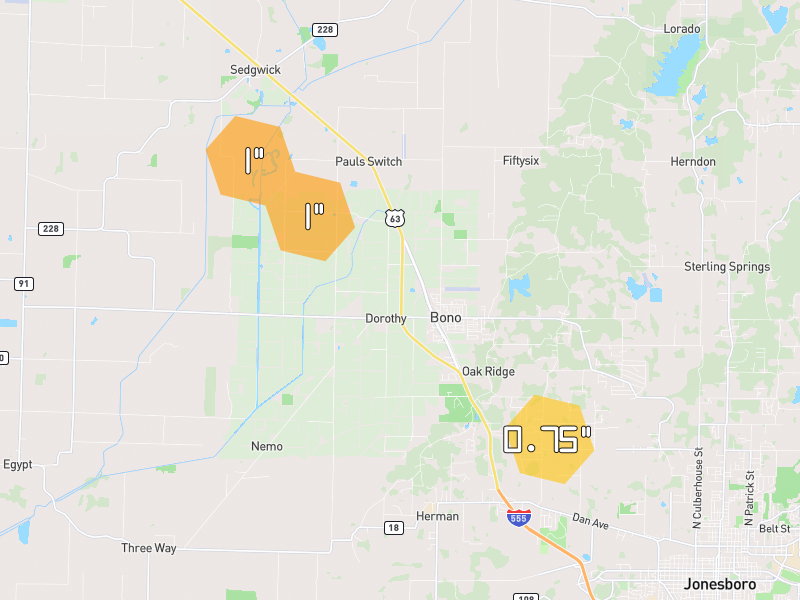 Hail map of Bono, AR on Jun 1, 2026, hail up to 1"
