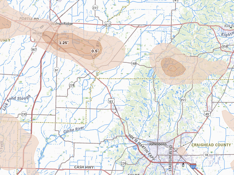 Radar-estimated hail-size map of the storm over Bono, AR on Jul 11, 2026