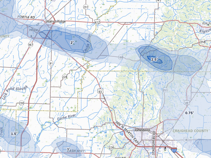 NEXRAD radar-signature map of the hail over Bono, AR
