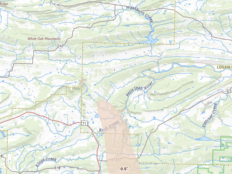 Radar-estimated hail-size map of the storm over Booneville, AR on Jun 2, 2026