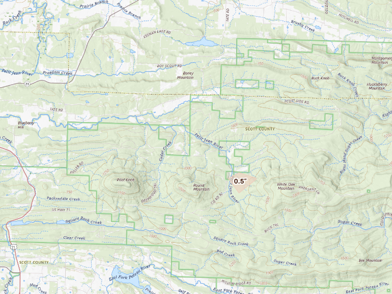 Radar-estimated hail-size map of the storm over Booneville, AR on Aug 26, 2026