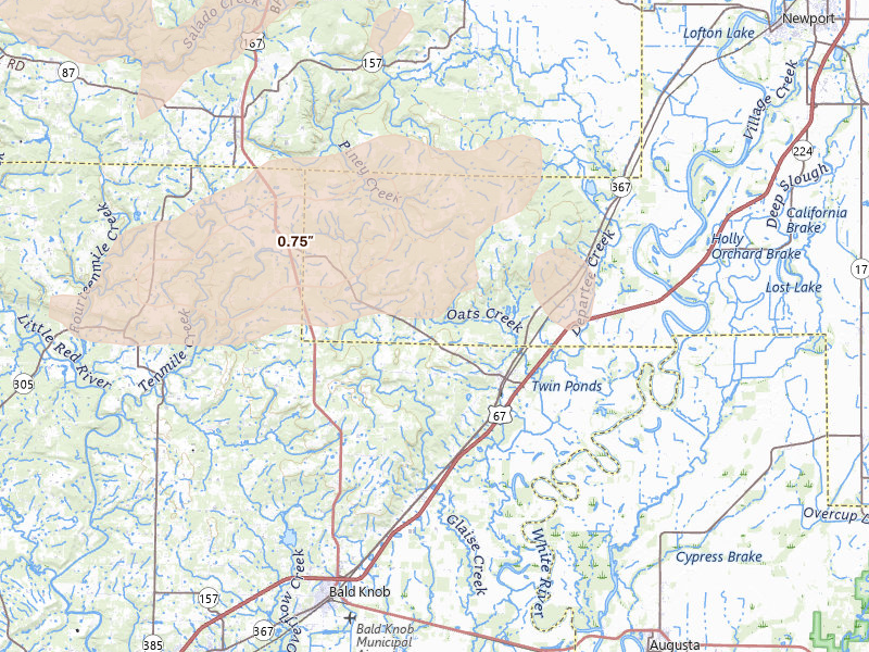 Radar-estimated hail-size map of the storm over Bradford, AR on Apr 27, 2026
