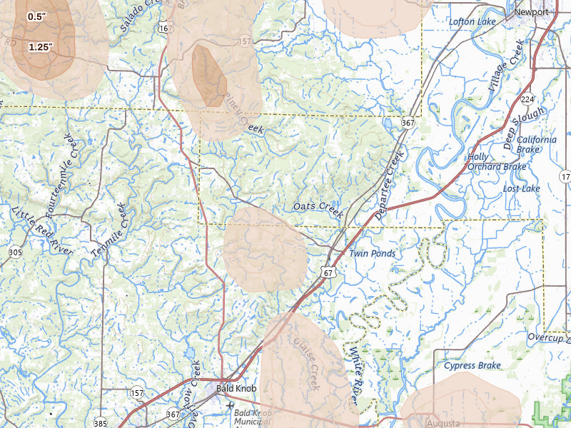 Radar-estimated hail-size map of the storm over Bradford, AR on Jun 1, 2026