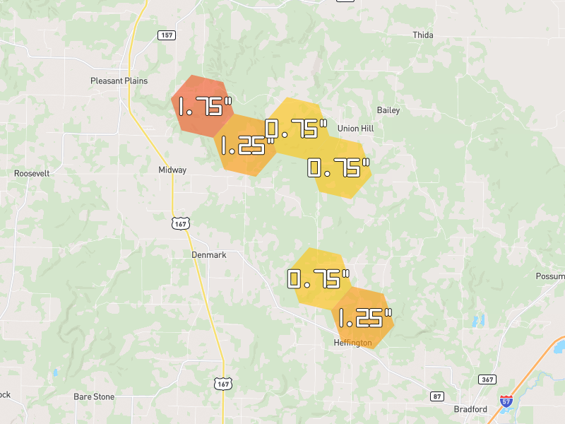 Hail map of Bradford, AR on Jun 1, 2026, hail up to 1.75"
