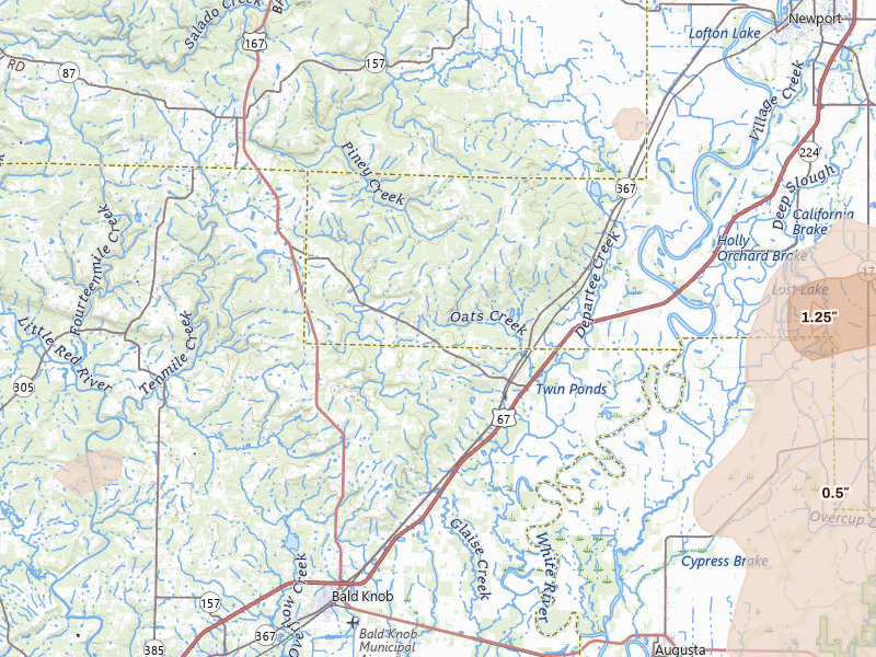Radar-estimated hail-size map of the storm over Bradford, AR on Jul 11, 2026