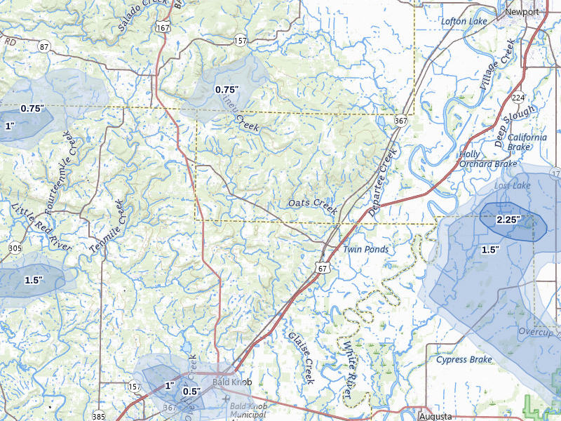 NEXRAD radar-signature map of the hail over Bradford, AR