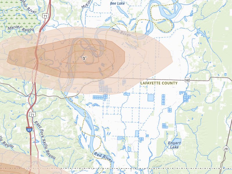 Radar-estimated hail-size map of the storm over Bradley, AR on Apr 29, 2026