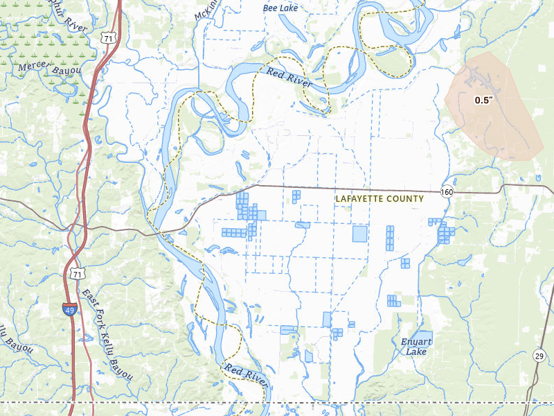 Radar-estimated hail-size map of the storm over Bradley, AR on May 9, 2026
