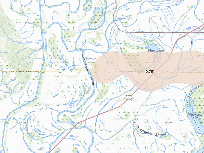 Radar-estimated hail-size map of the storm over Brickeys, AR on Apr 27, 2026