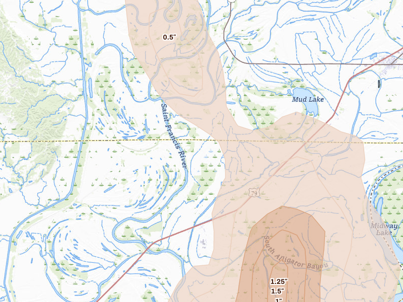 Radar-estimated hail-size map of the storm over Brickeys, AR on Jun 1, 2026
